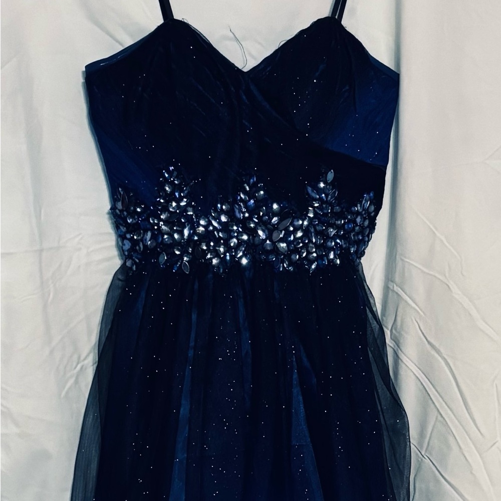 Elegant Navy Blue Gown with Embellished Waist by Bee Darlin